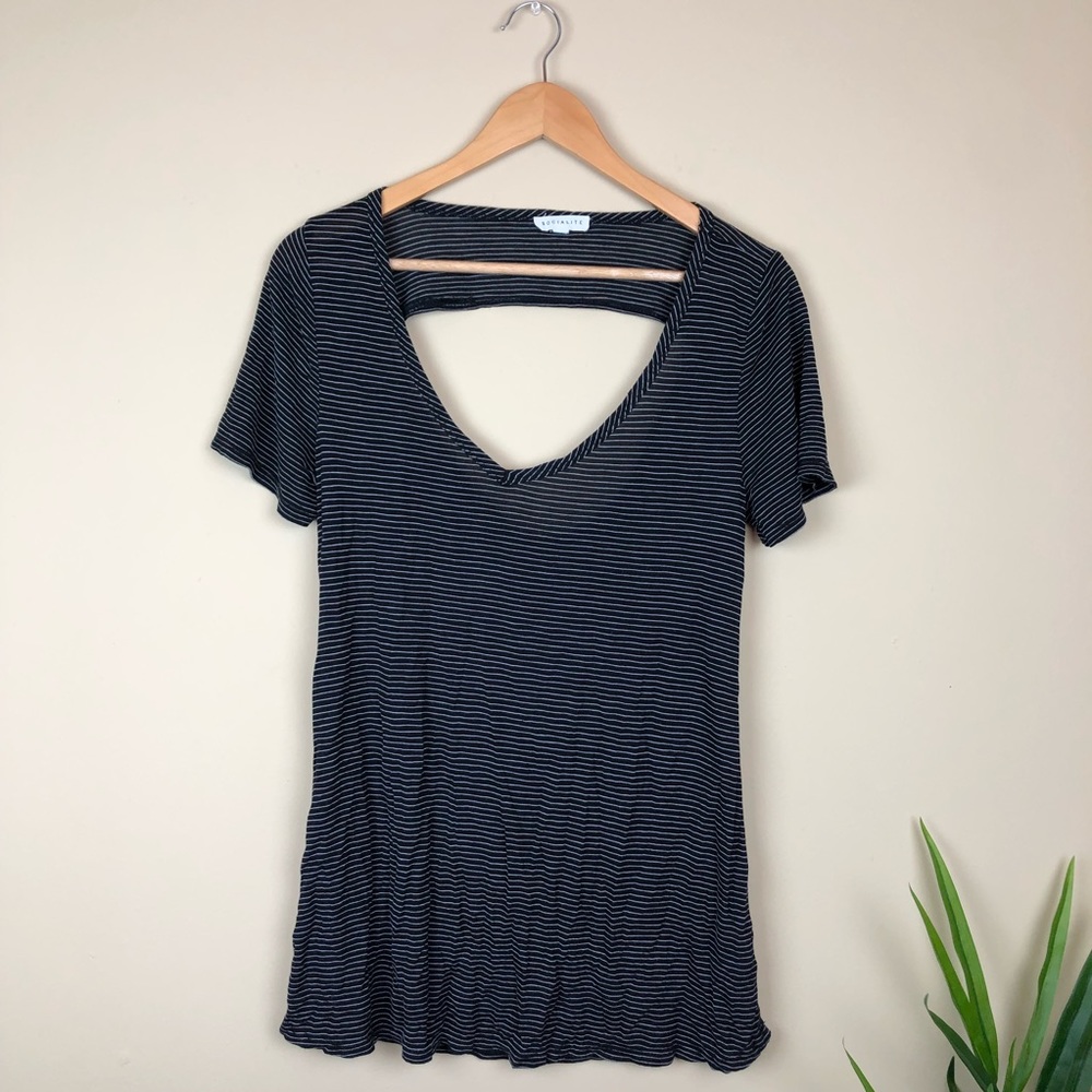 Black and White Pinstriped Cut-Out V-Neck Tee